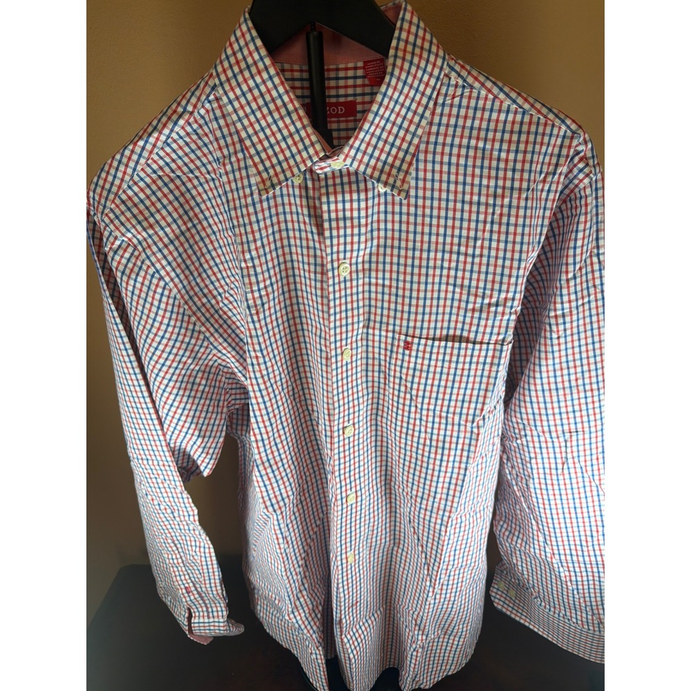 IZOD Mens Tattersall Check Button Down Shirt Red White Blue Long Sleeve Medium